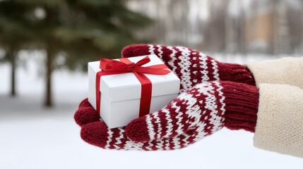 Festive winter gift giving in red and white mittens for christmas joy