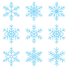 snowflakes icon, snow or snowflake winter symbol set vector art illustration isolated on transparent png. Blue snowflake icon set isolated vector illustration. Crayon hand drawn snow flake collection.
