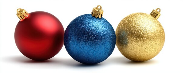 Vibrant christmas ornaments in red, blue, and gold for festive holiday decor