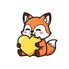 Cute cartoon fox holding a yellow heart and smiling happily  