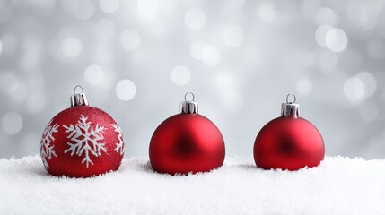 Festive red christmas ornaments with snowflakes on snowy background for holiday design