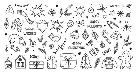 Winter hand drawn set of seasonal elements isolated on a white background. Christmas linear sketch. Vector retro icons
