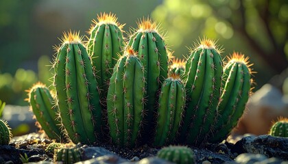 The image displays a cluster of green barrel cacti with spiky thorns atop a rocky