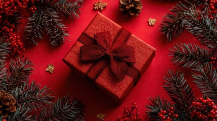 Festive red christmas gift box with bow and holiday decorations