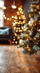 Elegant christmas tree with garland and warm lights for holiday decor atmosphere