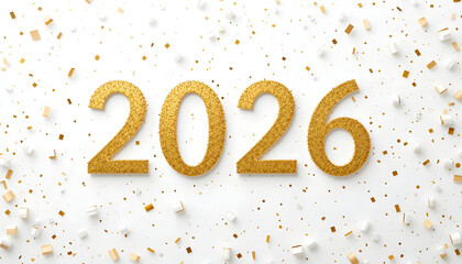 Gold Glitter Numbers 2026 with Gold Confetti on White Background golden