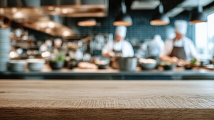 Wooden tabletop display with blurred restaurant interior background for culinary design and hospitality concepts
