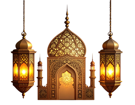 Ornamental Mosque Silhouette with Intricate Hanging Lanterns