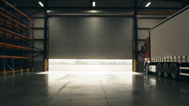 Truck Leaving Industrial Warehouse as Roller Door Closes in Delivery