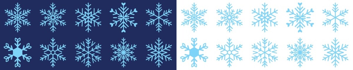 snowflakes icon, snow or snowflake winter symbol set vector art illustration isolated on transparent png. Symbol of frosty whether and happy divider Vector illustration. Blue doodle snowflakes set.