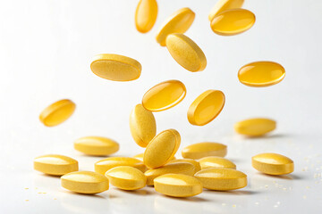 Falling yellow supplement tablets. Medicine. Vitamins. White background.