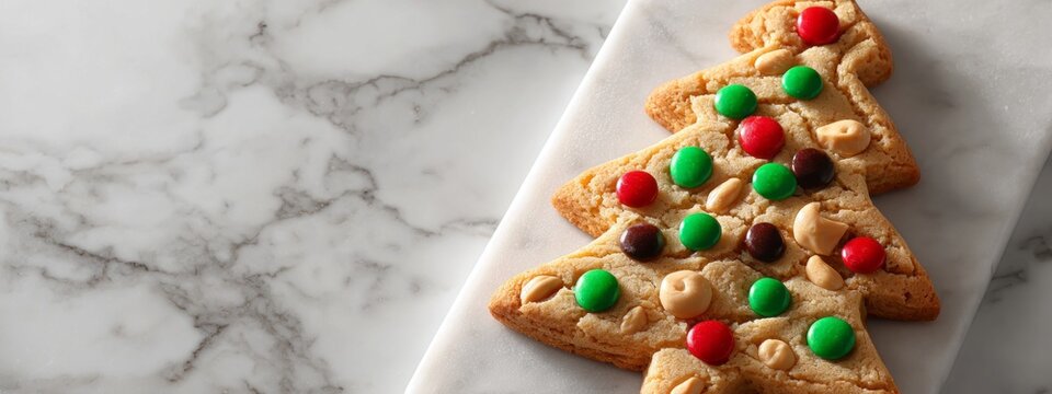 A cookie shaped like a Christmas tree with green, red and brown candies on it. The cookie is sitting on a marble countertop - Powered by Adobe