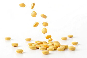 Falling yellow supplement tablets. Medicine. Vitamins. White background.