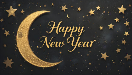 Golden crescent moon and stars with Happy New Year text 2023 2024