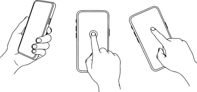 Set of line art illustrations depicting various hand interactions with a smartphone, including holding, tapping, and swiping gestures