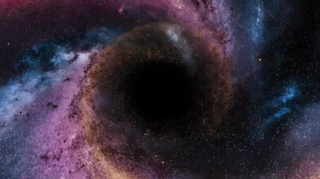Cosmic void with swirling, colorful nebulae and a black hole center