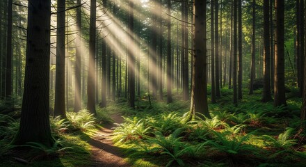 Sunlight streams through tall trees in a lush green forest with ferns covering the ground. A path winds through the woods. Perfect for nature themes, calm settings, and outdoor content.
