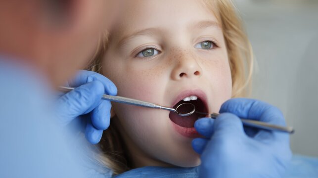Dentist checking child's healthy teeth during a pediatric dental examination - Powered by Adobe