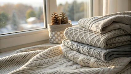 Cozy knitted blankets stacked on windowsill with pinecone decor  
