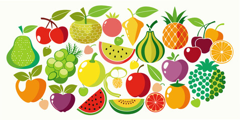 Colorful illustration of assorted fresh fruits: pineapple, pear, grapes, watermelon, apple, cherry, and citrus, representing healthy eating and diverse diet.