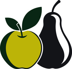 Stylized graphic illustration of a vibrant green apple with two leaves next to a dark, elegant pear silhouette, ideal for healthy eating, nature, and food.