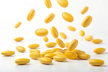 Falling yellow supplement tablets. Medicine. Vitamins. White background.