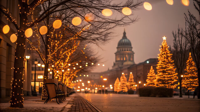 Winter street decorated with Christmas lights and trees at night  