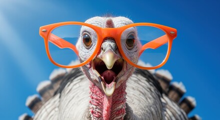 A turkey wearing bright orange glasses looks directly at the camera against a blue sky. The bird's face shows detailed features with an open beak. Great for funny holiday cards or humor.