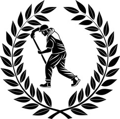 Worker with pickaxe in laurel wreath emblem black and white vector illustration for mining, labor, construction, and achievement concepts.
