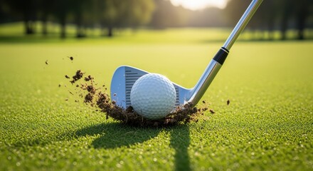 Golf club striking a white ball on green grass with dirt flying up. Perfect for sports content, golf training materials, or athletic lifestyle promotions. Shows action moment on course.