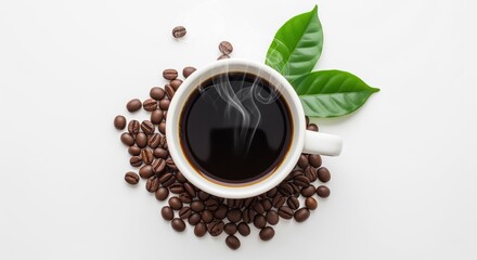 A white cup filled with hot black coffee sits on scattered roasted beans with green leaves. Steam rises from the dark brew. Perfect for cafe menus, morning beverage ads, or coffee shop promotions.