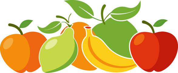 Vibrant and healthy assortment of fresh fruit illustrations, including oranges, pears, bananas, and apples, representing a balanced diet and healthy lifestyle concepts.