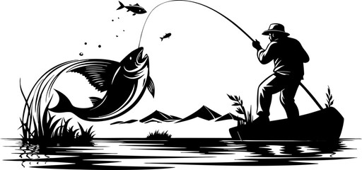 Experienced angler in small boat skillfully reels in a magnificent fish as it dramatically leaps from the water, a thrilling outdoor sport illustration.
