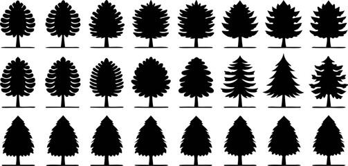 A comprehensive collection of diverse forest tree silhouettes, featuring various evergreen and broadleaf shapes, ideal for nature-themed graphic design projects, icons and symbols.