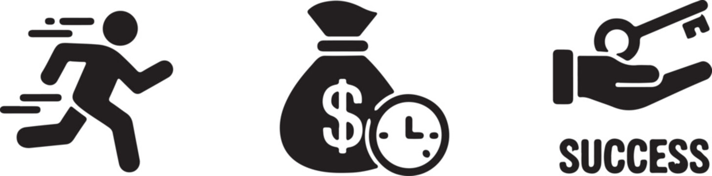Speed, finance, and success icons running, money with time, and key to achievement