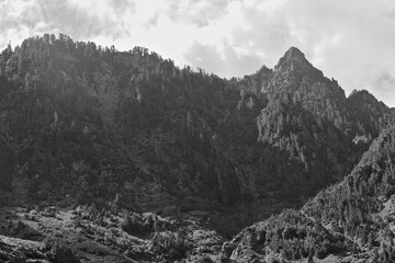 Black and white photo of Big Four Mountain in Washington, showing rugged slopes, dense forest, and a sharp peak under dramatic cloudy skies.