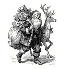 Vintage Santa Claus with a deer  illustration isolated on white