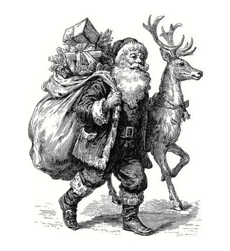 Vintage Santa Claus with a deer  illustration isolated on white
