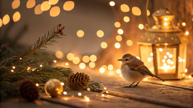 Sparrow perched on wooden surface with Christmas lights and pinecones
