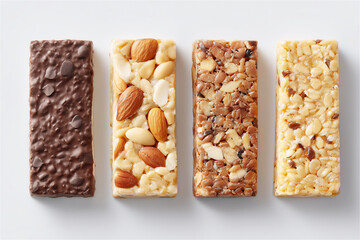 Assortment of mixed cereal and nut granola bars arranged in a clean row on a white surface, showcasing healthy ingredients, texture variety and modern nutritional snack concept.