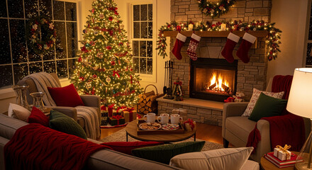 Cozy Christmas living room with decorated tree and fireplace holiday season interior design for family gatherings warm and inviting atmo