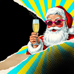 Pop Art Santa Claus Drinking Champagne: Retro Comic Style Christmas Party