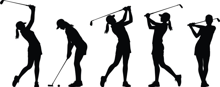 Golf swing silhouette sequence, sports motion illustration, athletic posture, golfing technique, black figure, dynamic pose, training, impact, follow-through, vector