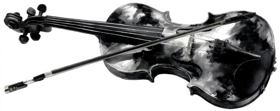 Black and white ink-print of a violin and bow, showcasing the elegant curves and details of the instrument