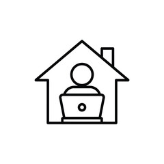 Person working on laptop inside a house outline icon