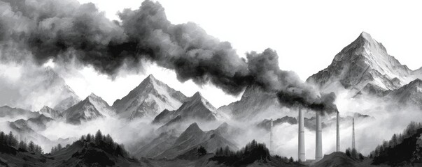 Obraz premium Dramatic mountain landscape shrouded in smoke from industrial factories, creating a stark contrast between nature and pollution