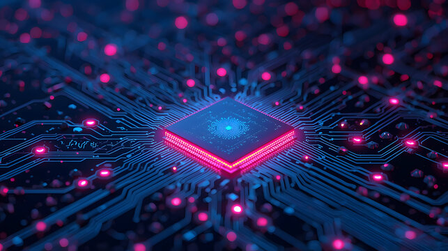 A macro shot of a printed circuit board highlights the intricate digital design of the electronic motherboard component for computer technology