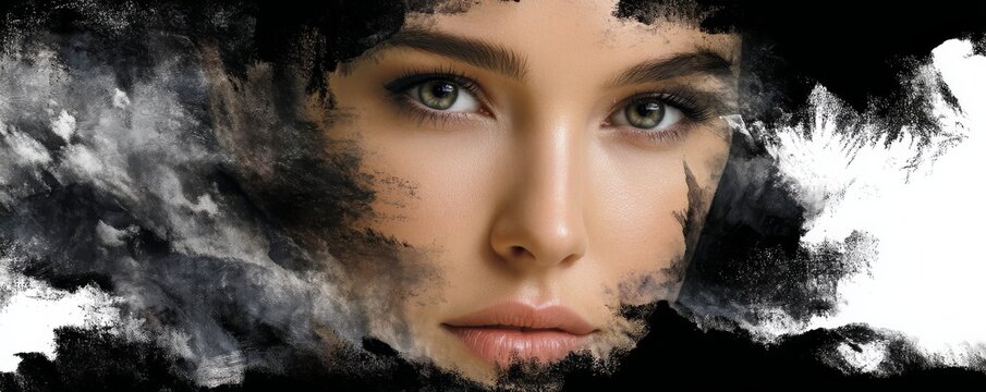 Ink-style portrait silhouette featuring a serene woman with intense gaze and ethereal background, emphasizing calm and introspection