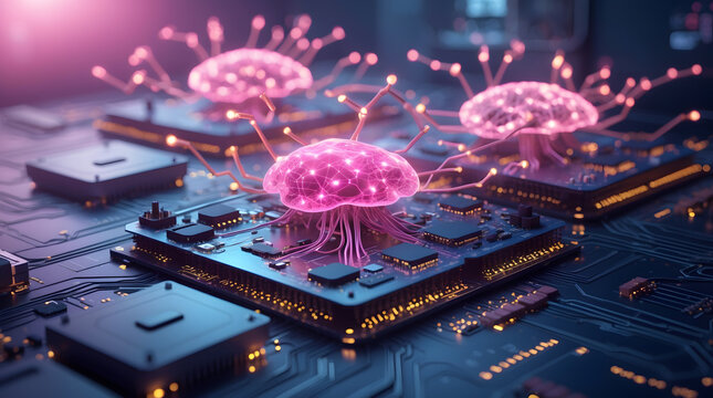 Green electronic circuit board with a CPU processor chip and digital hardware components on a computer motherboard