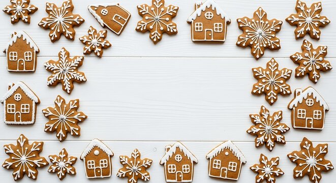 Overhead shot of homemade gingerbread cookies arranged on a white wooden surface. Concept for holiday baking, christmas celebration and food photography
